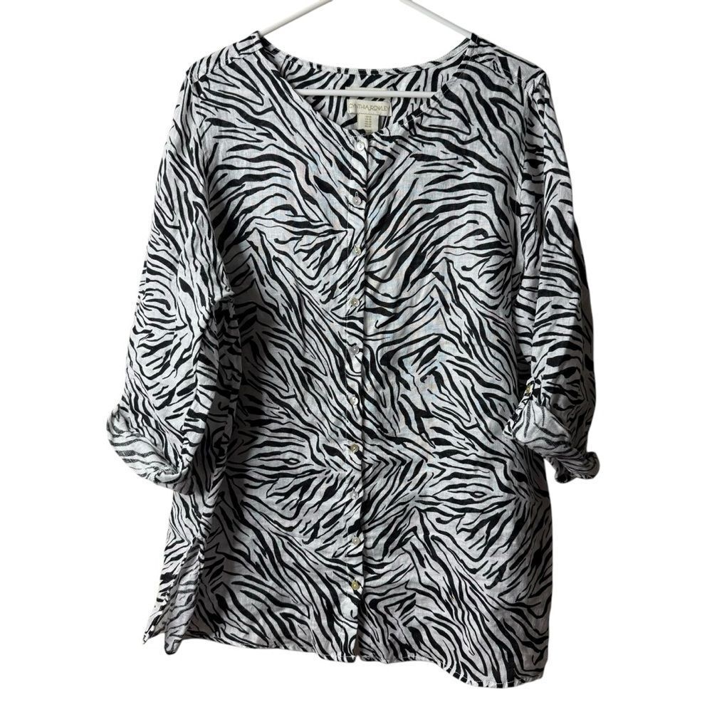 Cynthia Rowley Black White Zebra Animal Print 100% Linen Button Blouse